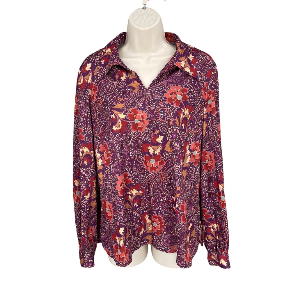 Vintage Boho Shirt Women Size L Coquette Paisley Floral Retro Cottage Collared